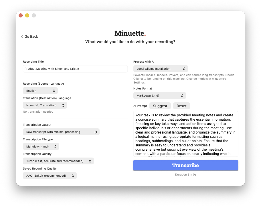 Minuette processing interface showing language selection, AI mode picker set to Local Ollama, Markdown output format, an AI prompt editor, and a blue Transcribe button.