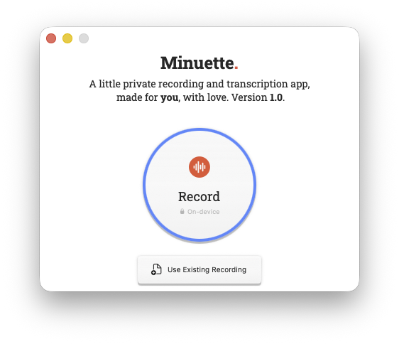 Minuette recording interface showing a large circular Record button with a microphone icon, centered in a clean macOS window.
